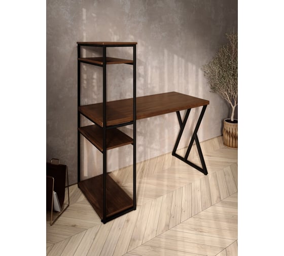 Стол-стеллаж письменный Solarius Loft, 90x60x148 см, с четырьмя полками, цвета темного дуба с черным металлическим каркасом и Z-образной ножкой stol-stellaz-4polki-temd-9060-Z-black