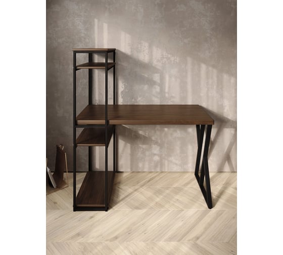 Стол-стеллаж письменный Solarius Loft, 90x60x148 см, с четырьмя полками, цвета темного дуба с черным металлическим каркасом и Z-образной ножкой stol-stellaz-4polki-temd-9060-Z-black