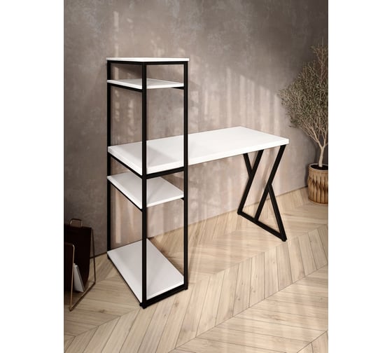 Стол-стеллаж письменный Solarius Loft, 90x60x148 см, с четырьмя полками, белого цвета с черным металлическим каркасом и Z-образной ножкой stol-stellaz-4polki-bel-9060-Z-black