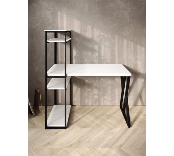 Стол-стеллаж письменный Solarius Loft, 90x60x148 см, с четырьмя полками, белого цвета с черным металлическим каркасом и Z-образной ножкой stol-stellaz-4polki-bel-9060-Z-black