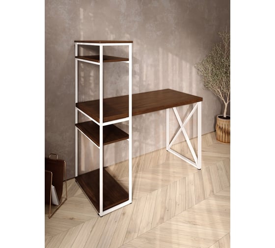 Стол-стеллаж письменный Solarius Loft, 90x60x148 см, с четырьмя полками, цвета темного дуба с белым металлическим каркасом и крестообразной ножкой stol-stellaz-4polki-temd-9060-krest-white