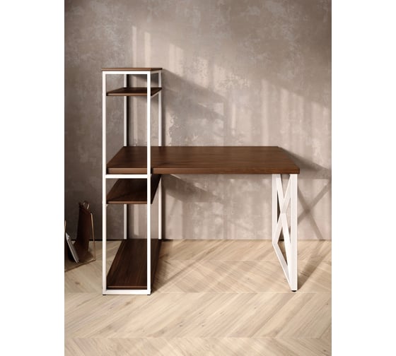 Стол-стеллаж письменный Solarius Loft, 90x60x148 см, с четырьмя полками, цвета темного дуба с белым металлическим каркасом и крестообразной ножкой stol-stellaz-4polki-temd-9060-krest-white