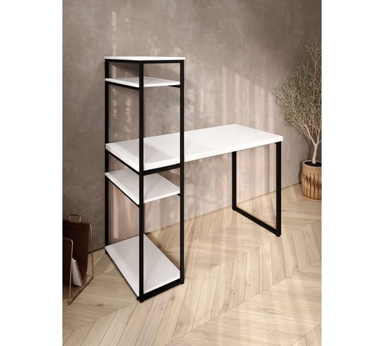 Стол-стеллаж письменный Solarius Loft, 90x60x148 см, с четырьмя полками, белого цвета с черными металлическими Лофт ножками stol-stellaz-4polki-bel-9060-black