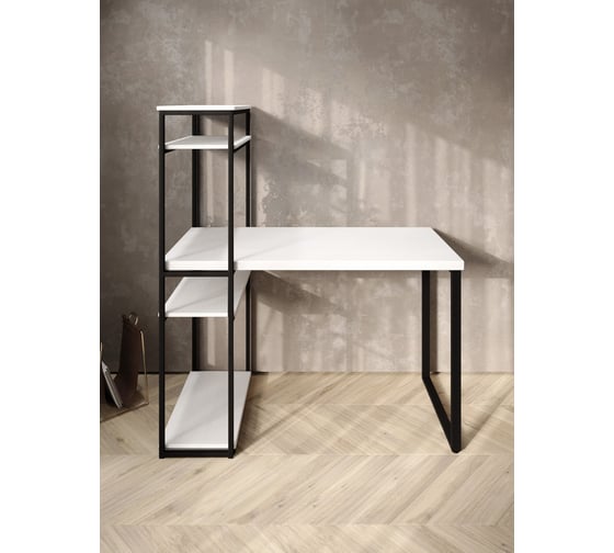 Стол-стеллаж письменный Solarius Loft, 90x60x148 см, с четырьмя полками, белого цвета с черными металлическими Лофт ножками stol-stellaz-4polki-bel-9060-black