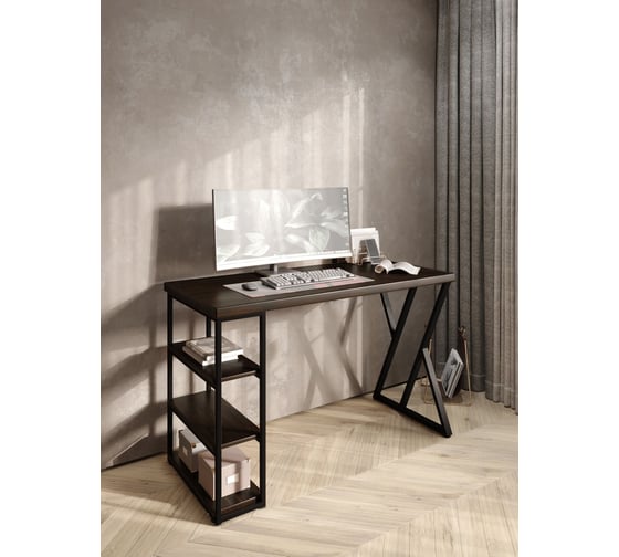 Стол письменный Solarius Loft, 110x60x76.5 см, открытая тумба с тремя полками, компьютерный стол цвета венге с черными металлическими Z-образными ножками stol-tumba-3polki-ven-11060-Z-black