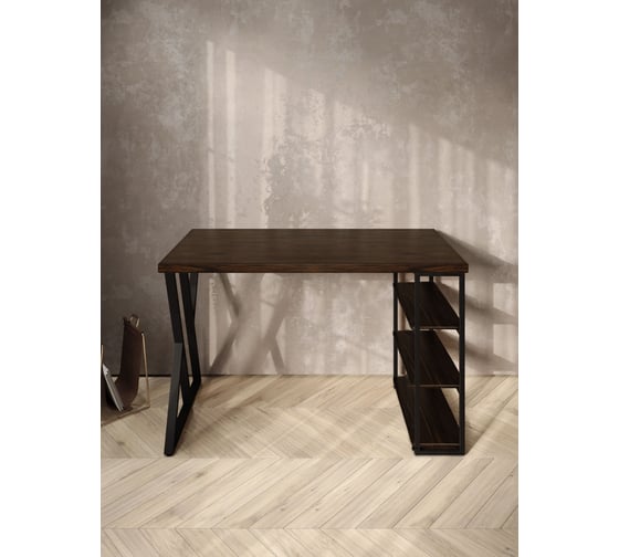Стол письменный Solarius Loft, 110x60x76.5 см, открытая тумба с тремя полками, компьютерный стол цвета венге с черными металлическими Z-образными ножками stol-tumba-3polki-ven-11060-Z-black