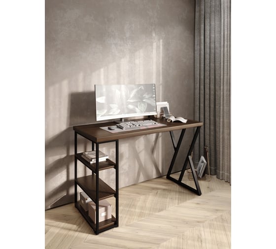 Стол письменный Solarius Loft, 110x60x76.5 см, открытая тумба с тремя полками, компьютерный стол цвета темного дуба с черными металлическими Z-образными ножками stol-tumba-3polki-temd-11060-Z-black