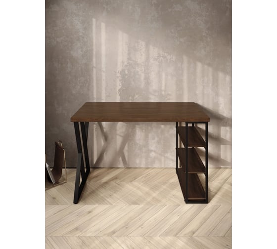 Стол письменный Solarius Loft, 110x60x76.5 см, открытая тумба с тремя полками, компьютерный стол цвета темного дуба с черными металлическими Z-образными ножками stol-tumba-3polki-temd-11060-Z-black