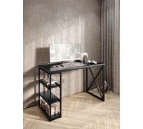 Стол письменный Solarius Loft, 100x60x76.5 см, открытая тумба с тремя полками, компьютерный стол цвета черного оникса с черными металлическими крестообразными ножками stol-tumba-3polki-onix-10060-krest-black