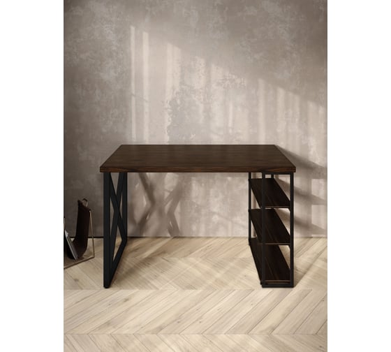 Стол письменный Solarius Loft, 110x60x76.5 см, открытая тумба с тремя полками, компьютерный стол цвета венге с черными металлическими крестообразными ножками stol-tumba-3polki-ven-11060-krest-black