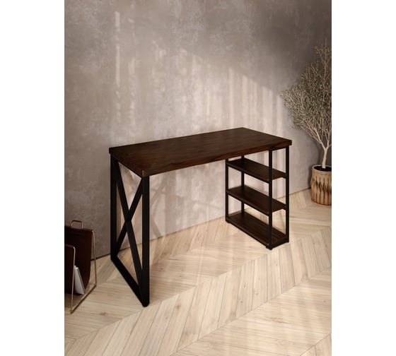 Стол письменный Solarius Loft, 110x60x76.5 см, открытая тумба с тремя полками, компьютерный стол цвета венге с черными металлическими крестообразными ножками stol-tumba-3polki-ven-11060-krest-black