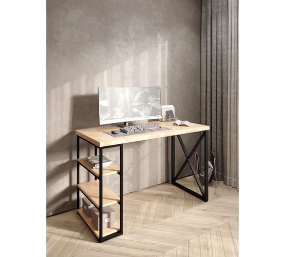Стол письменный Solarius Loft, 120x60x76.5 см, открытая тумба с тремя полками, компьютерный стол без шлифовки и покраски с черными металлическими крестообразными ножками stol-tumba-3polki-net-12060-krest-black 1