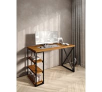 Стол письменный Solarius Loft, 110x60x76.5 см, открытая тумба с тремя полками, компьютерный стол цвета ольхи с черными металлическими крестообразными ножками stol-tumba-3polki-olha-11060-krest-black