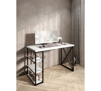 Стол письменный Solarius Loft, 120x60x76.5 см, открытая тумба с тремя полками, компьютерный стол белого цвета с черными металлическими крестообразными ножками stol-tumba-3polki-bel-12060-krest-black