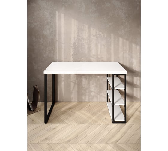 Стол письменный Solarius Loft, 100x60x76.5 см, открытая тумба с тремя полками, компьютерный стол белого цвета с черными металлическими Лофт ножками stol-tumba-3polki-bel-10060-black