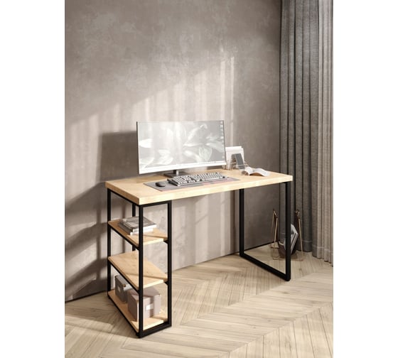 Стол письменный Solarius Loft, 120x60x76.5 см, открытая тумба с тремя полками, компьютерный стол без шлифовки и покраски с черными металлическими Лофт ножками stol-tumba-3polki-net-12060-black