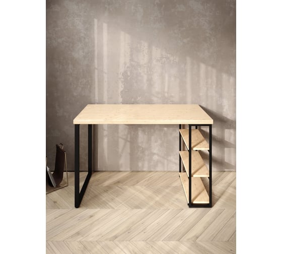Стол письменный Solarius Loft, 120x60x76.5 см, открытая тумба с тремя полками, компьютерный стол без шлифовки и покраски с черными металлическими Лофт ножками stol-tumba-3polki-net-12060-black