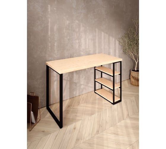 Стол письменный Solarius Loft, 120x60x76.5 см, открытая тумба с тремя полками, компьютерный стол без шлифовки и покраски с черными металлическими Лофт ножками stol-tumba-3polki-net-12060-black