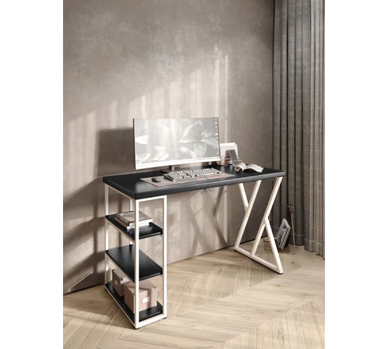 Стол письменный Solarius Loft, 100x60x76.5 см, открытая тумба с тремя полками, компьютерный стол цвета черного оникса с белыми металлическими Z-образными ножками stol-tumba-3polki-onix-10060-Z-white 1