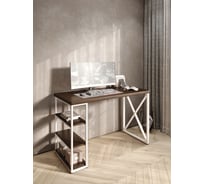Стол письменный Solarius Loft, 100x60x76.5 см, открытая тумба с тремя полками, компьютерный стол цвета темного дуба с белыми металлическими крестообразными ножками stol-tumba-3polki-temd-10060-krest-white