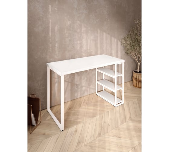 Стол письменный Solarius Loft, 120x60x76.5 см, открытая тумба с тремя полками, компьютерный стол белого цвета с белыми металлическими Лофт ножками stol-tumba-3polki-bel-12060-white