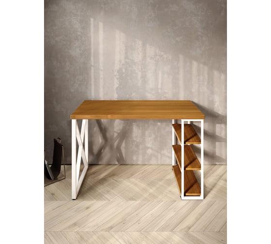 Стол письменный Solarius Loft, 100x60x76.5 см, открытая тумба с тремя полками, компьютерный стол цвета ольхи с белыми металлическими крестообразными ножками stol-tumba-3polki-olha-10060-krest-white