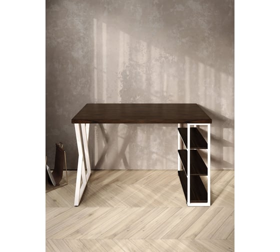 Стол письменный Solarius Loft, 120x60x76.5 см, открытая тумба с тремя полками, компьютерный стол цвета венге с белыми металлическими Z-образными ножками stol-tumba-3polki-ven-12060-Z-white