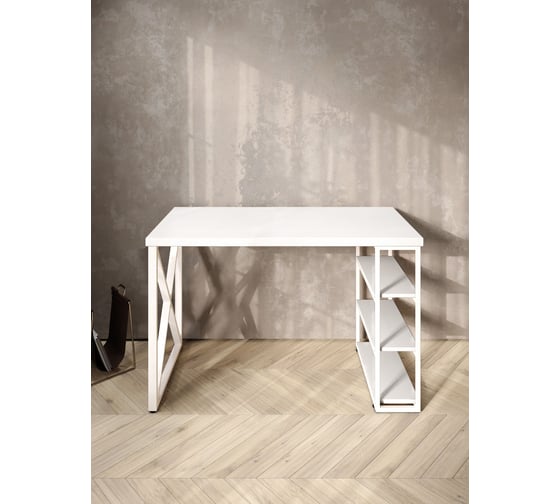 Стол письменный Solarius Loft, 120x60x76.5 см, открытая тумба с тремя полками, компьютерный стол белого цвета с белыми металлическими крестообразными ножками stol-tumba-3polki-bel-12060-krest-white