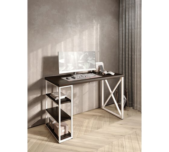 Стол письменный Solarius Loft, 100x60x76.5 см, открытая тумба с тремя полками, компьютерный стол цвета венге с белыми металлическими крестообразными ножками stol-tumba-3polki-ven-10060-krest-white 1