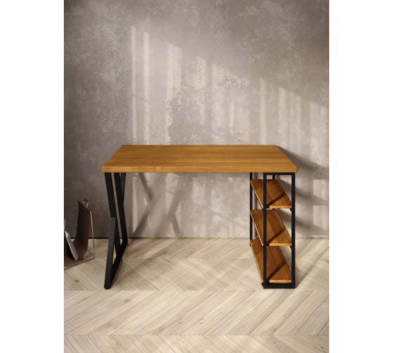 Стол письменный Solarius Loft, 100x60x76.5 см, открытая тумба с тремя полками, компьютерный стол цвета ольхи с черными металлическими Z-образными ножками stol-tumba-3polki-olha-10060-Z-black