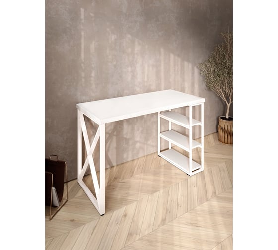 Стол письменный Solarius Loft, 110x60x76.5 см, открытая тумба с тремя полками, компьютерный стол белого цвета с белыми металлическими крестообразными ножками stol-tumba-3polki-bel-11060-krest-white