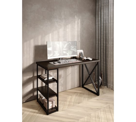 Стол письменный Solarius Loft, 100x60x76.5 см, открытая тумба с тремя полками, компьютерный стол цвета венге с черными металлическими крестообразными ножками stol-tumba-3polki-ven-10060-krest-black 1