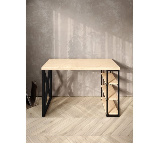 Стол письменный Solarius Loft, 110x60x76.5 см, открытая тумба с тремя полками, компьютерный стол без шлифовки и покраски с черными металлическими крестообразными ножками stol-tumba-3polki-net-11060-krest-black