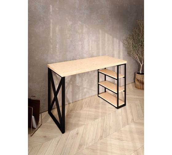 Стол письменный Solarius Loft, 110x60x76.5 см, открытая тумба с тремя полками, компьютерный стол без шлифовки и покраски с черными металлическими крестообразными ножками stol-tumba-3polki-net-11060-krest-black