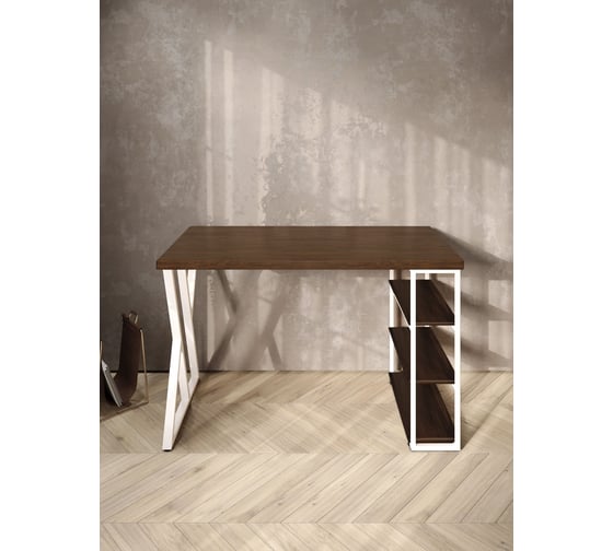 Стол письменный Solarius Loft, 120x60x76.5 см, открытая тумба с тремя полками, компьютерный стол цвета темного дуба с белыми металлическими Z-образными ножками stol-tumba-3polki-temd-12060-Z-white