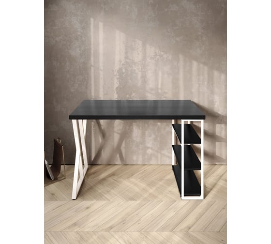 Стол письменный Solarius Loft, 120x60x76.5 см, открытая тумба с тремя полками, компьютерный стол цвета черного оникса с белыми металлическими Z-образными ножками stol-tumba-3polki-onix-12060-Z-white