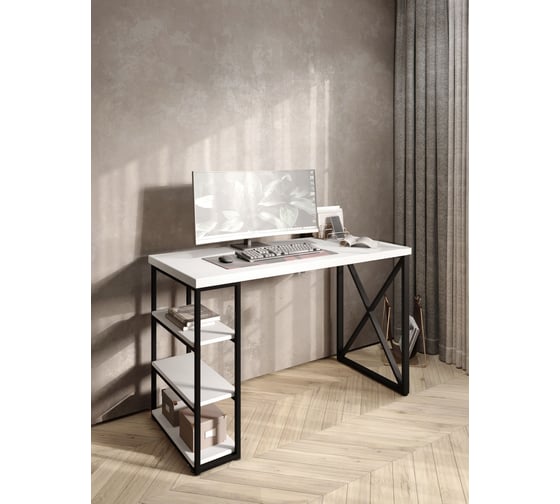 Стол письменный Solarius Loft, 140x60x76.5 см, открытая тумба с тремя полками, компьютерный стол белого цвета с черными металлическими крестообразными ножками stol-tumba-3polki-bel-14060-krest-black