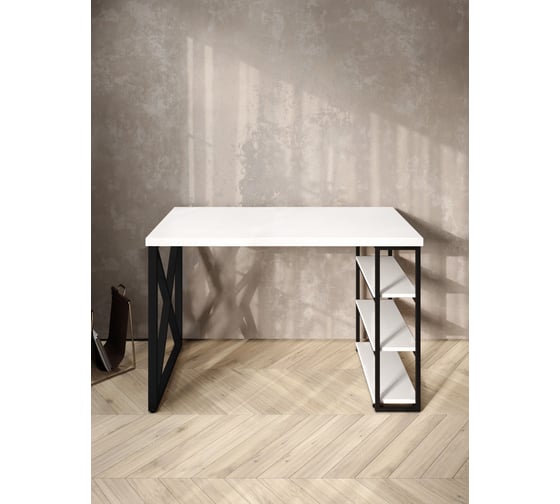 Стол письменный Solarius Loft, 140x60x76.5 см, открытая тумба с тремя полками, компьютерный стол белого цвета с черными металлическими крестообразными ножками stol-tumba-3polki-bel-14060-krest-black