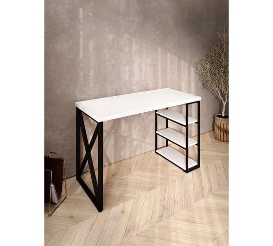 Стол письменный Solarius Loft, 140x60x76.5 см, открытая тумба с тремя полками, компьютерный стол белого цвета с черными металлическими крестообразными ножками stol-tumba-3polki-bel-14060-krest-black