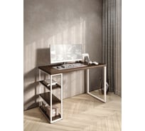 Стол письменный Solarius Loft, 130x60x76.5 см, открытая тумба с тремя полками, компьютерный стол цвета темного дуба с белыми металлическими Лофт ножками stol-tumba-3polki-temd-13060-white