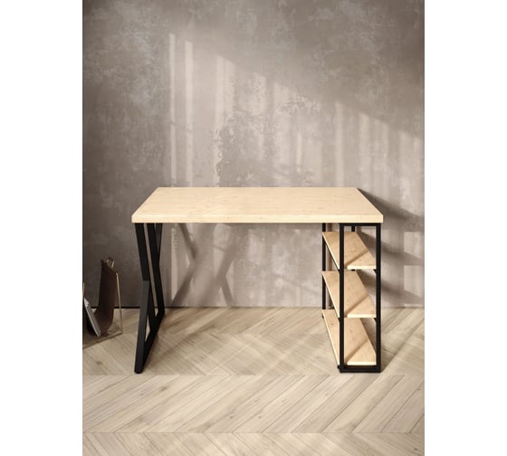 Стол письменный Solarius Loft, 90x60x76.5 см, открытая тумба с тремя полками, компьютерный стол без шлифовки и покраски с черными металлическими Z-образными ножками stol-tumba-3polki-net-9060-Z-black