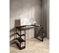 Стол письменный Solarius Loft, 140x60x76.5 см, открытая тумба с тремя полками, компьютерный стол цвета венге с черными металлическими крестообразными ножками stol-tumba-3polki-ven-14060-krest-black