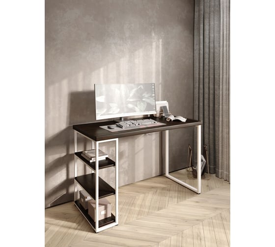 Стол письменный Solarius Loft, 140x60x76.5 см, открытая тумба с тремя полками, компьютерный стол цвета венге с белыми металлическими Лофт ножками stol-tumba-3polki-ven-14060-white 1