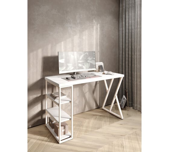 Стол письменный Solarius Loft, 140x60x76.5 см, открытая тумба с тремя полками, компьютерный стол белого цвета с белыми металлическими Z-образными ножками stol-tumba-3polki-bel-14060-Z-white