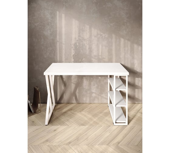 Стол письменный Solarius Loft, 140x60x76.5 см, открытая тумба с тремя полками, компьютерный стол белого цвета с белыми металлическими Z-образными ножками stol-tumba-3polki-bel-14060-Z-white