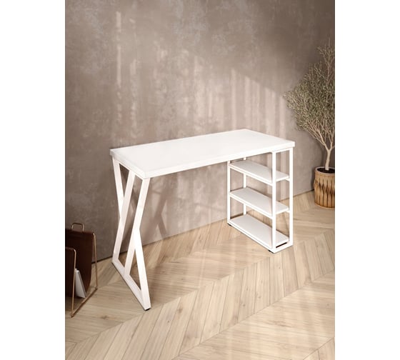 Стол письменный Solarius Loft, 140x60x76.5 см, открытая тумба с тремя полками, компьютерный стол белого цвета с белыми металлическими Z-образными ножками stol-tumba-3polki-bel-14060-Z-white
