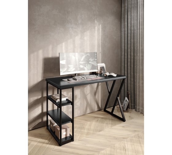 Стол письменный Solarius Loft, 140x60x76.5 см, открытая тумба с тремя полками, компьютерный стол цвета черного оникса с черными металлическими Z-образными ножками stol-tumba-3polki-onix-14060-Z-black