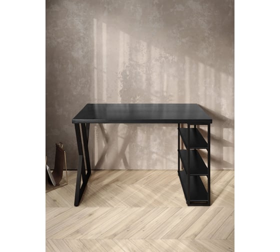 Стол письменный Solarius Loft, 140x60x76.5 см, открытая тумба с тремя полками, компьютерный стол цвета черного оникса с черными металлическими Z-образными ножками stol-tumba-3polki-onix-14060-Z-black