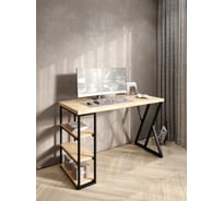 Стол письменный Solarius Loft, 140x60x76.5 см, открытая тумба с тремя полками, компьютерный стол без шлифовки и покраски с черными металлическими Z-образными ножками stol-tumba-3polki-net-14060-Z-black