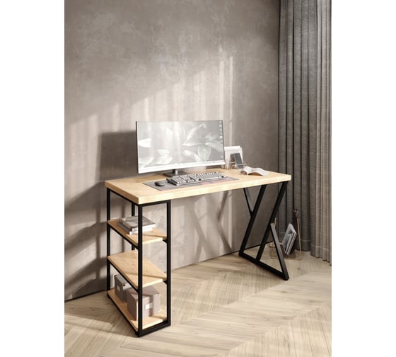 Стол письменный Solarius Loft, 140x60x76.5 см, открытая тумба с тремя полками, компьютерный стол без шлифовки и покраски с черными металлическими Z-образными ножками stol-tumba-3polki-net-14060-Z-black 1